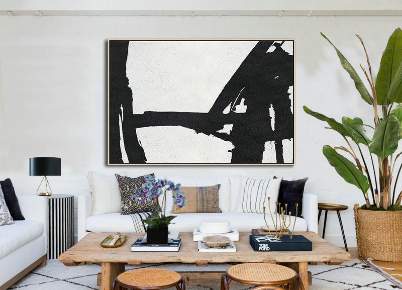 Large Contemporary Painting,Hand Painted Oversized Horizontal Minimal Art On Canvas, Black And White Minimalist Painting - Contemporary Wall Art